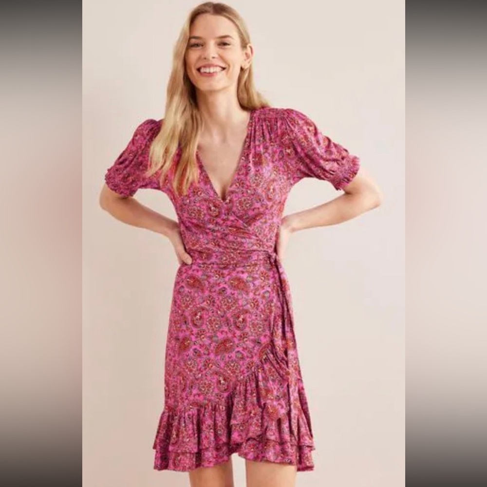 Boden Womens 14 Ruffle Wrap Mini Dress Pink Paisley